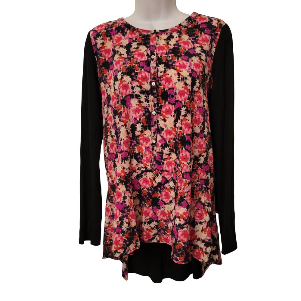 Yoana‎ Baraschi Pink Floral Tunic Top Long Sleeve M Peplum Hi Low Coquette